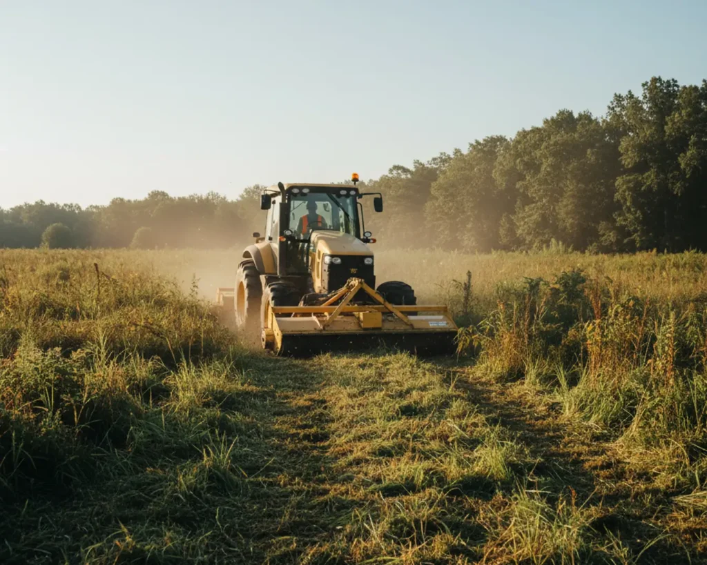 Image showcasing brush hogging or heavy-duty mowing services, likely featuring a tractor with an attachment clearing thick brush, fields, or overgrown vegetation for Perkins Property Services.
