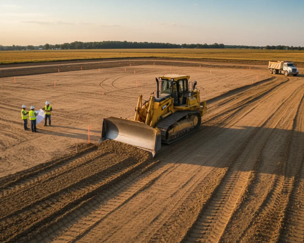 Image depicting build site preparation, likely showing land being leveled, graded, or cleared of obstacles in readiness for construction by Perkins Property Services.