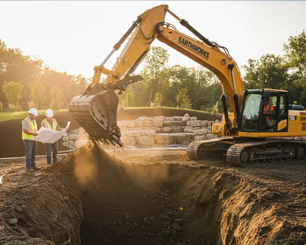 Image of an excavator or other heavy equipment performing excavating work, such as digging trenches, foundations, or moving large amounts of earth for a Perkins Property Services project.