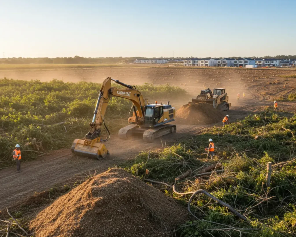 Image showcasing land clearing services, possibly featuring heavy machinery removing trees, brush, or preparing a plot of land for development by Perkins Property Services.