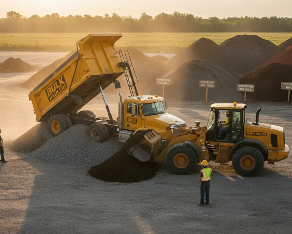 Image depicting material hauling services, likely showing a dump truck, trailer, or heavy equipment transporting materials like gravel, dirt, or construction debris for Perkins Property Services.