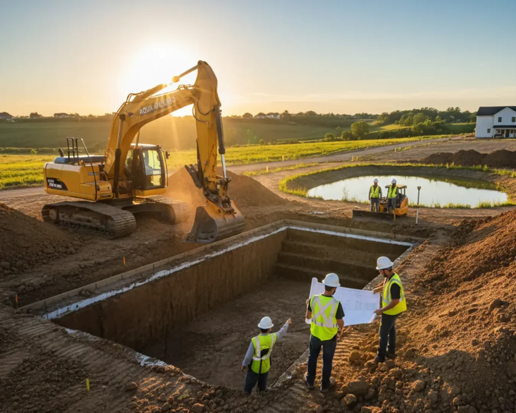 Image showing heavy machinery, such as an excavator, actively digging and shaping a pond or water feature for Perkins Property Services.