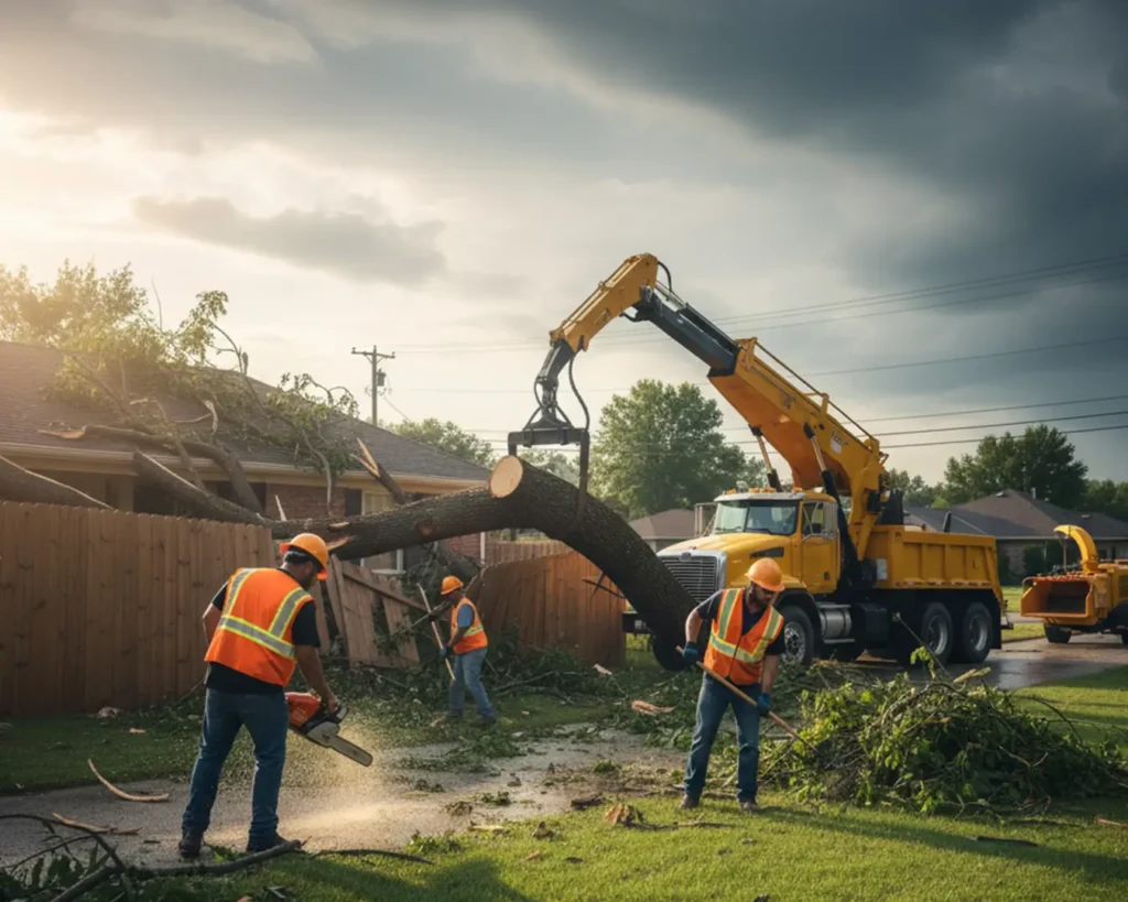Image illustrating storm cleanup services, likely showing debris removal, fallen tree clearing, or other exterior repair work performed by Perkins Property Services.